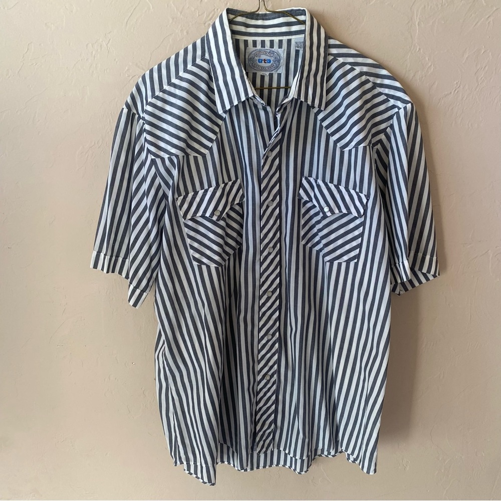 ATB AUTHENTIC WESTERN WEAR Vintage Pearl Snap Shirt Sleeve Gray White Stripe